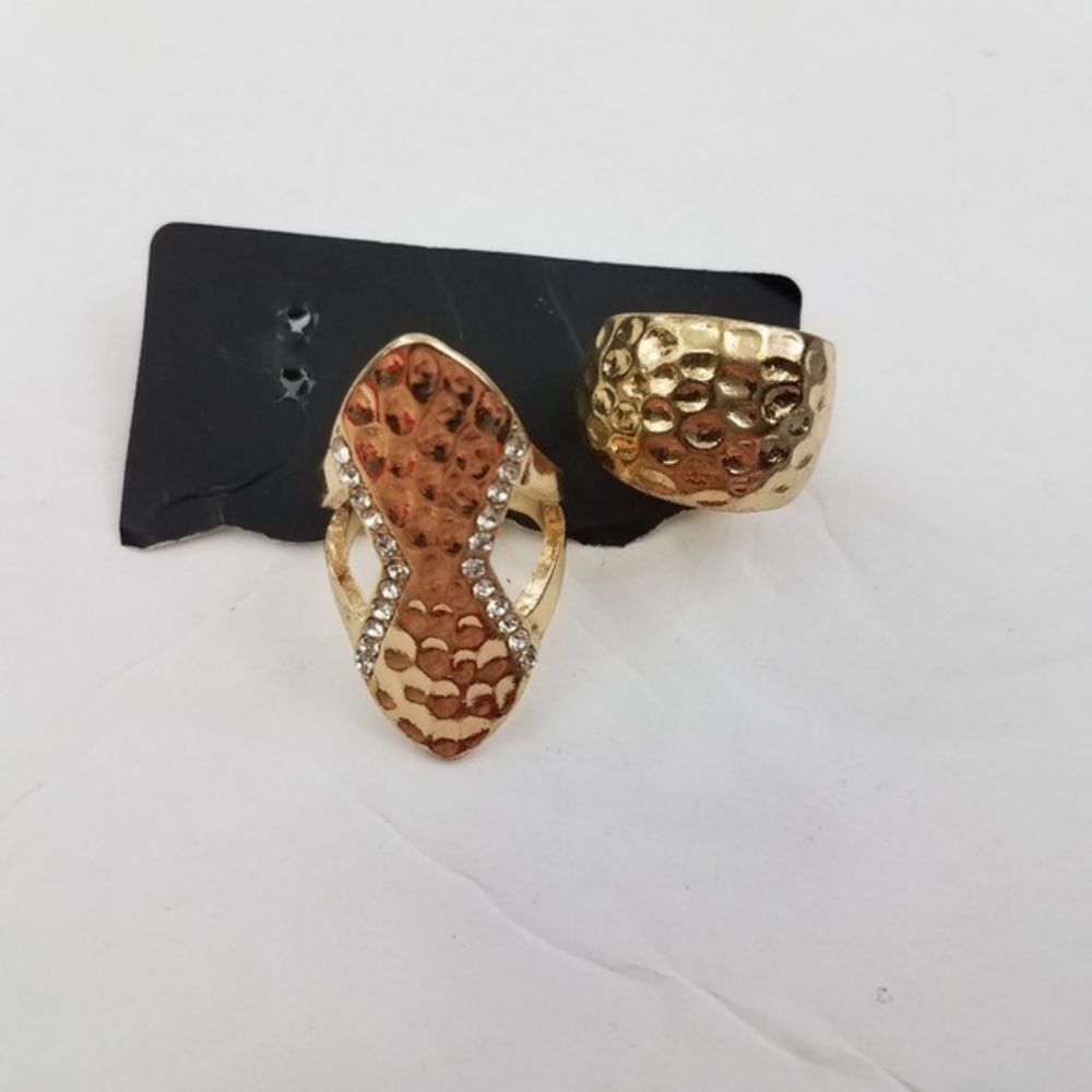 Ring Lot of 2 Gold Tone Size 6 Rhinestone Big Statement Textured Tribal